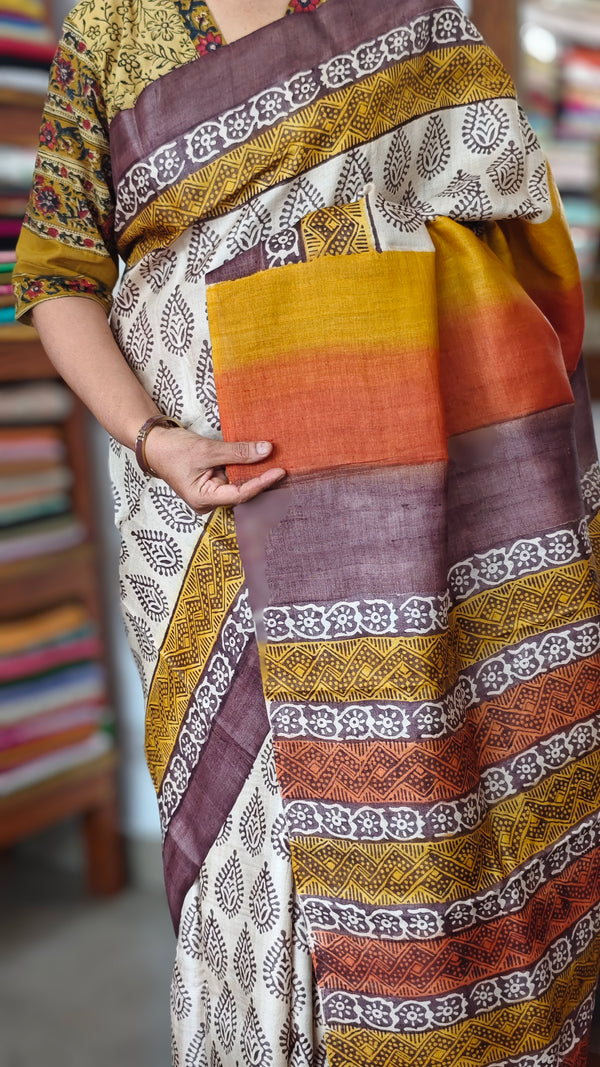 Pure Desi Tussar Silk Block Printed Saree