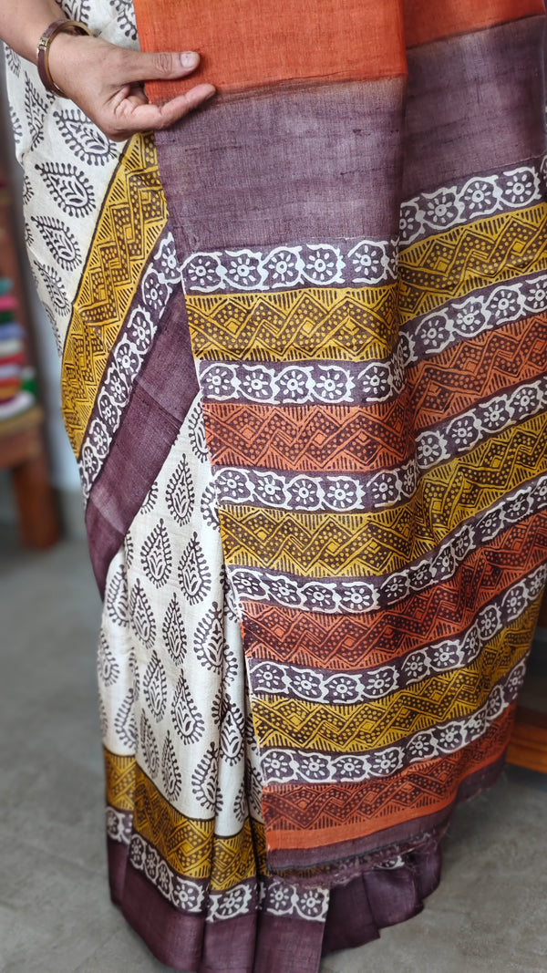 Pure Desi Tussar Silk Block Printed Saree