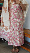 Printed Semi Silk Suit - Beige and Pink - ETV9