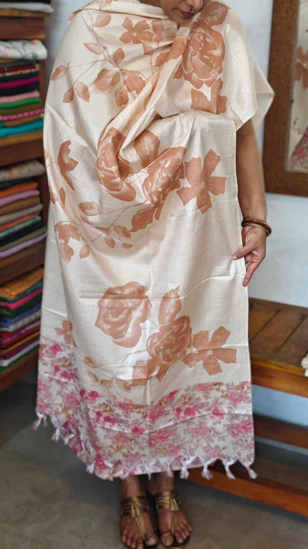 Printed Semi Silk Suit - Beige and Pink - ETV9