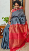 Grey and Chilli Red Semi Silk Saree with Contrast Palla - BTK5