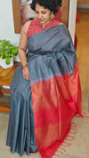 Grey and Chilli Red Semi Silk Saree with Contrast Palla - BTK5