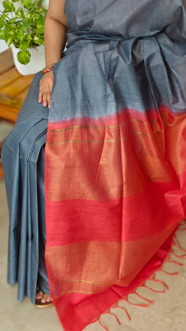 Grey and Chilli Red Semi Silk Saree with Contrast Palla - BTK5
