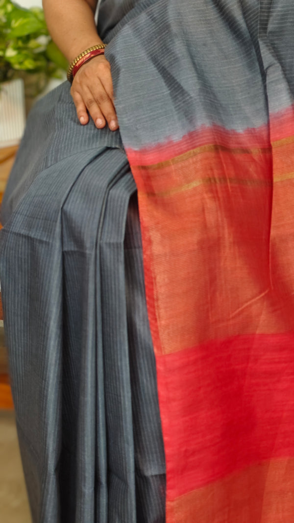 Grey and Chilli Red Semi Silk Saree with Contrast Palla - BTK5