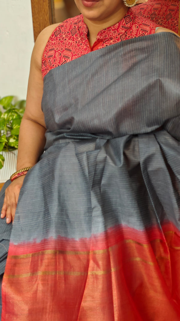 Grey and Chilli Red Semi Silk Saree with Contrast Palla - BTK5