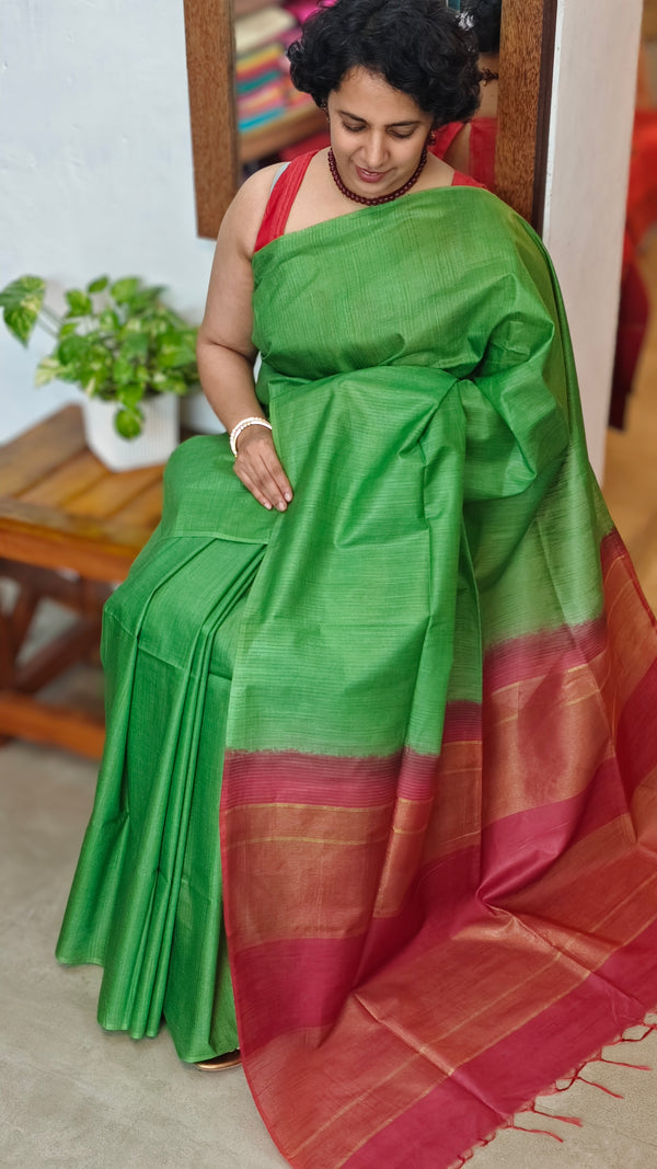 Green and Maroon Semi Silk Saree with Contrast Palla - BTK5