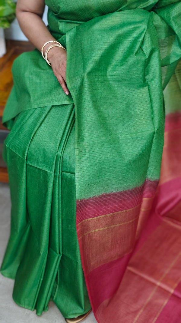Green and Maroon Semi Silk Saree with Contrast Palla - BTK5
