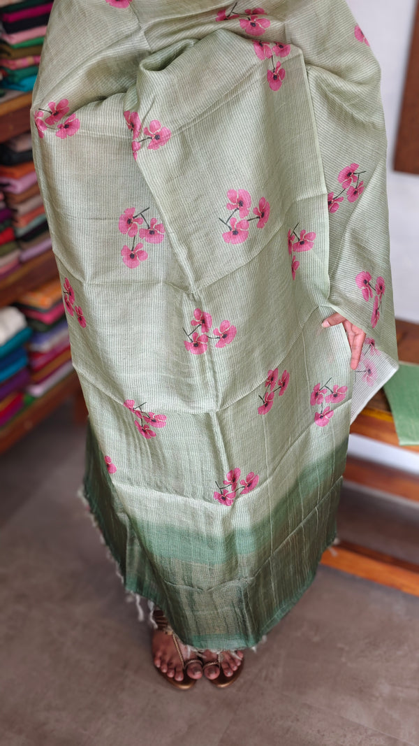 Green Floral Printed Checked Tussar Silk Suit - 61NZ