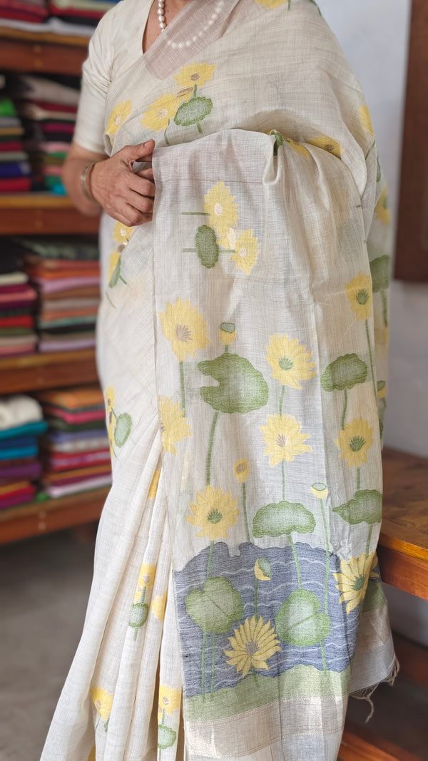 Cream and yellow Linen Chanderi Saree with Jamdani weaving - 1239
