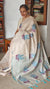 Cream Linen Chanderi Saree with Jamdani Weaving - Blue - 1239