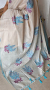 Cream Linen Chanderi Saree with Jamdani Weaving - Blue - 1239