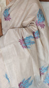 Cream Linen Chanderi Saree with Jamdani Weaving - Blue - 1239
