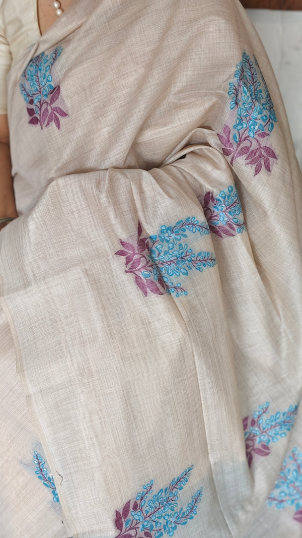 Cream Linen Chanderi Saree with Jamdani Weaving - Blue - 1239