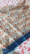 Cream Linen Tissue Floral Print Saree with hand embroidery - Navy Blue - VR41