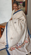 Cream Linen Tissue Floral Print Saree with hand embroidery - Navy Blue - VR41