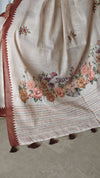 Cream Linen Tissue Floral Print Saree with Hand Embroidery - Brown - VR41