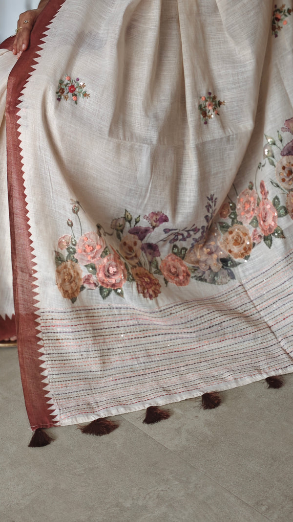 Cream Linen Tissue Floral Print Saree with Hand Embroidery - Brown - VR41