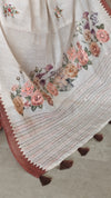 Cream Linen Tissue Floral Print Saree with Hand Embroidery - Brown - VR41