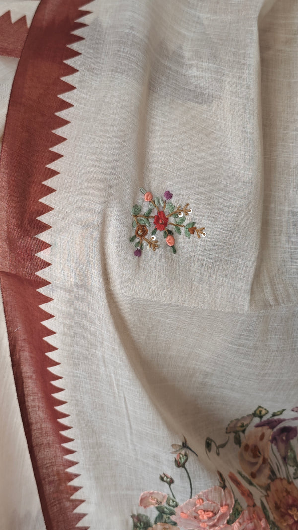Cream Linen Tissue Floral Print Saree with Hand Embroidery - Brown - VR41