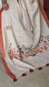 Cream Linen Tissue Saree Floral Print Saree with Hand Embroidery - Rust - VR41