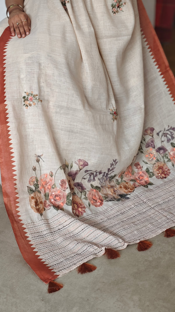 Cream Linen Tissue Saree Floral Print Saree with Hand Embroidery - Rust - VR41