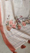 Cream Linen Tissue Saree Floral Print Saree with Hand Embroidery - Rust - VR41
