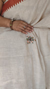 Cream Linen Tissue Saree Floral Print Saree with Hand Embroidery - Rust - VR41