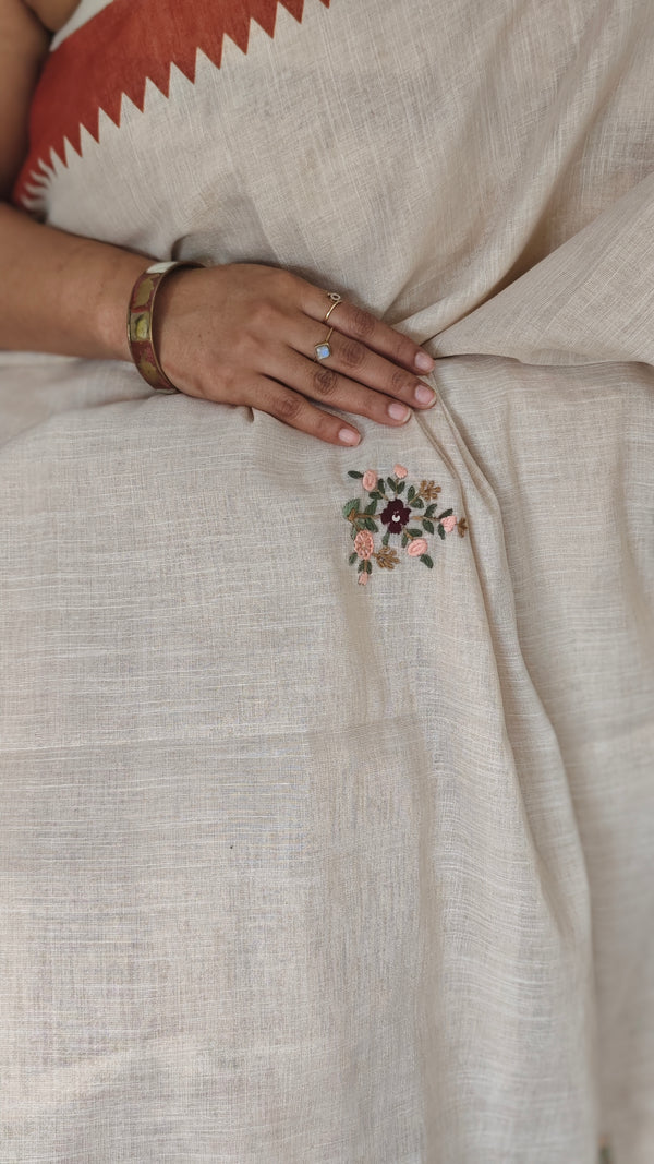 Cream Linen Tissue Saree Floral Print Saree with Hand Embroidery - Rust - VR41
