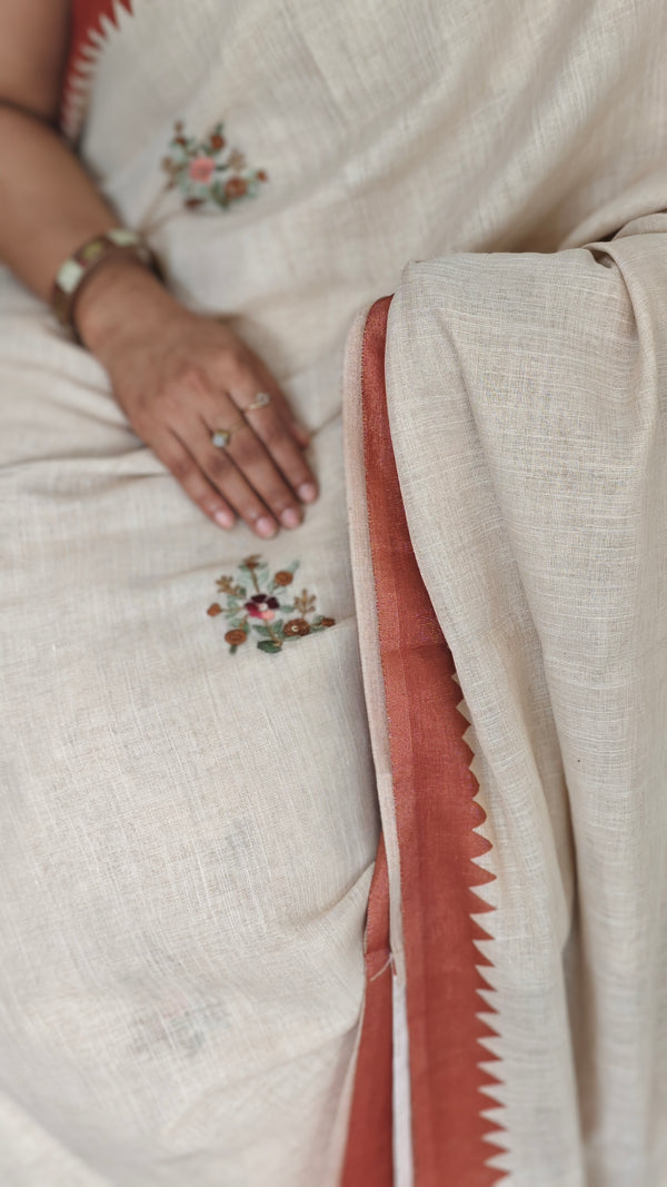 Cream Linen Tissue Saree Floral Print Saree with Hand Embroidery - Rust - VR41