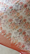 Cream Linen Tissue Saree Floral Print Saree with Hand Embroidery - Rust - VR41