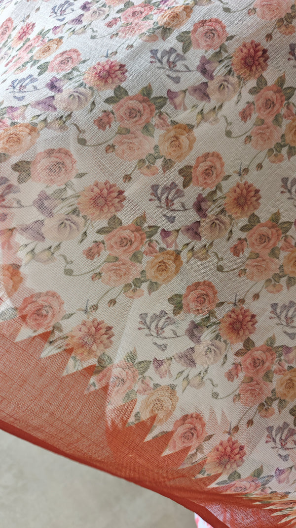 Cream Linen Tissue Saree Floral Print Saree with Hand Embroidery - Rust - VR41