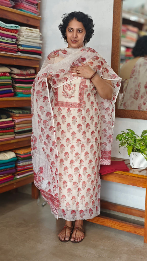 White and Red Block Printed Kota Doria Suit - GD331