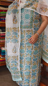 Teal, Blue and Mustard on Off White Kota Doria Suit - GD331