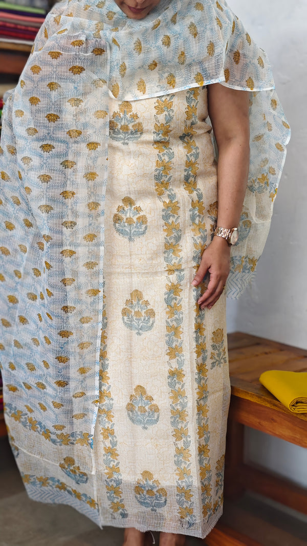 Cream with Blue and Mustard Block Print Kota Doria Suit - GD331