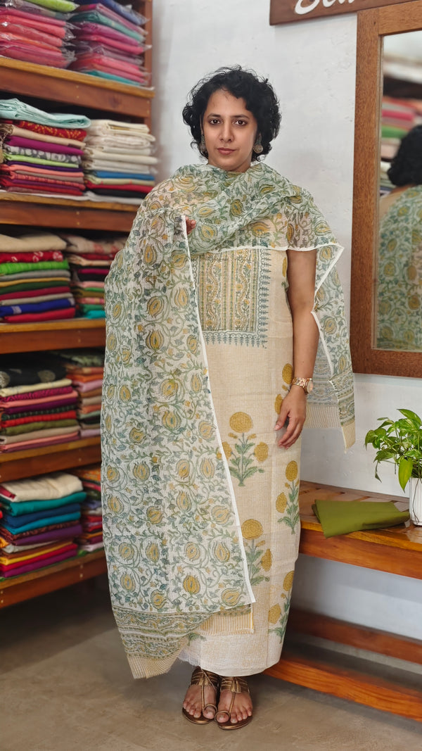 Cream Kota Doria Suit with Marigold Block Prints - GD331