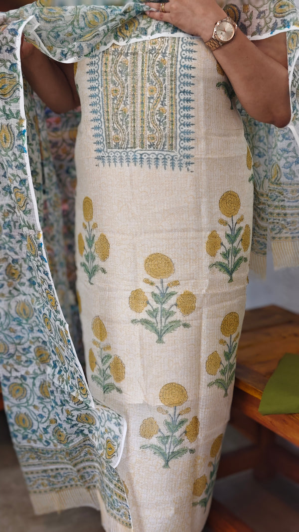 Cream Kota Doria Suit with Marigold Block Prints - GD331