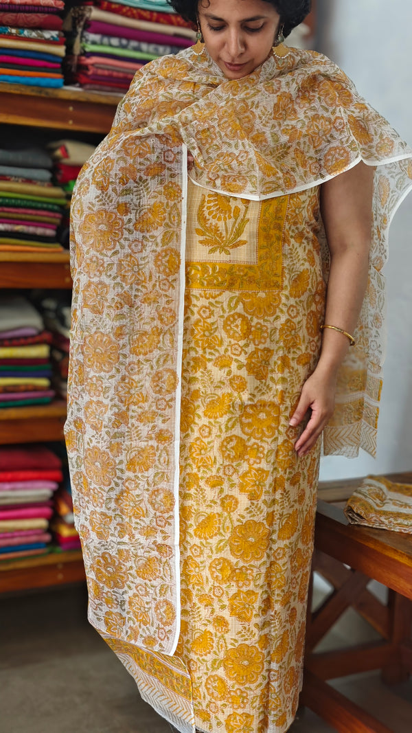 Mustard and white Block printed Kota Doria Suit - GD331