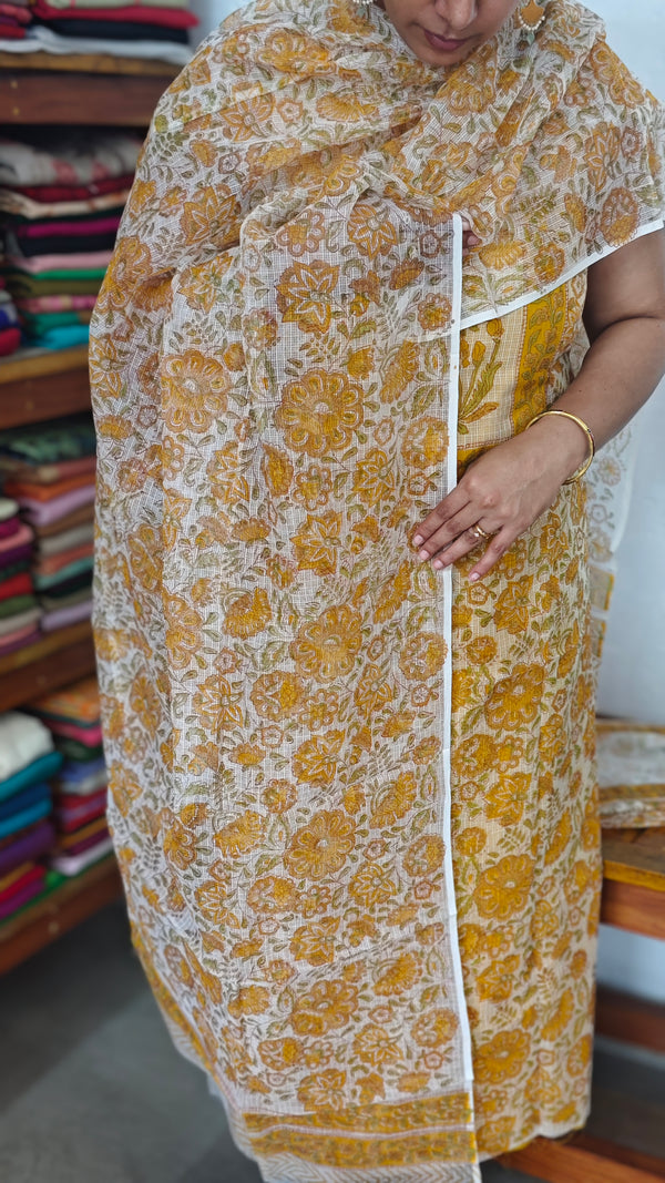 Mustard and white Block printed Kota Doria Suit - GD331
