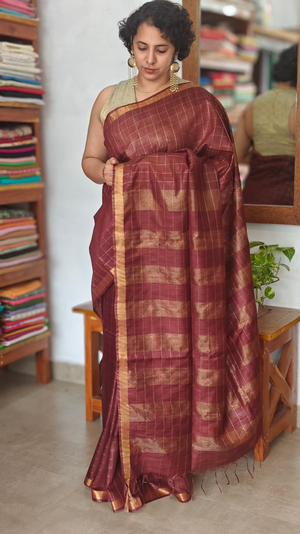 Coffee Brown Zari Checked Bhagalpur Silk Saree - BP3