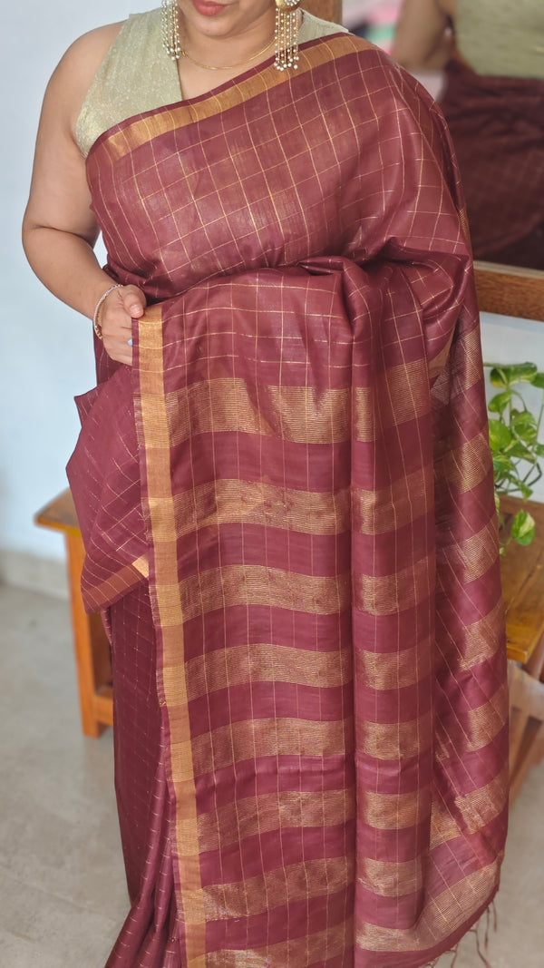 Coffee Brown Zari Checked Bhagalpur Silk Saree - BP3