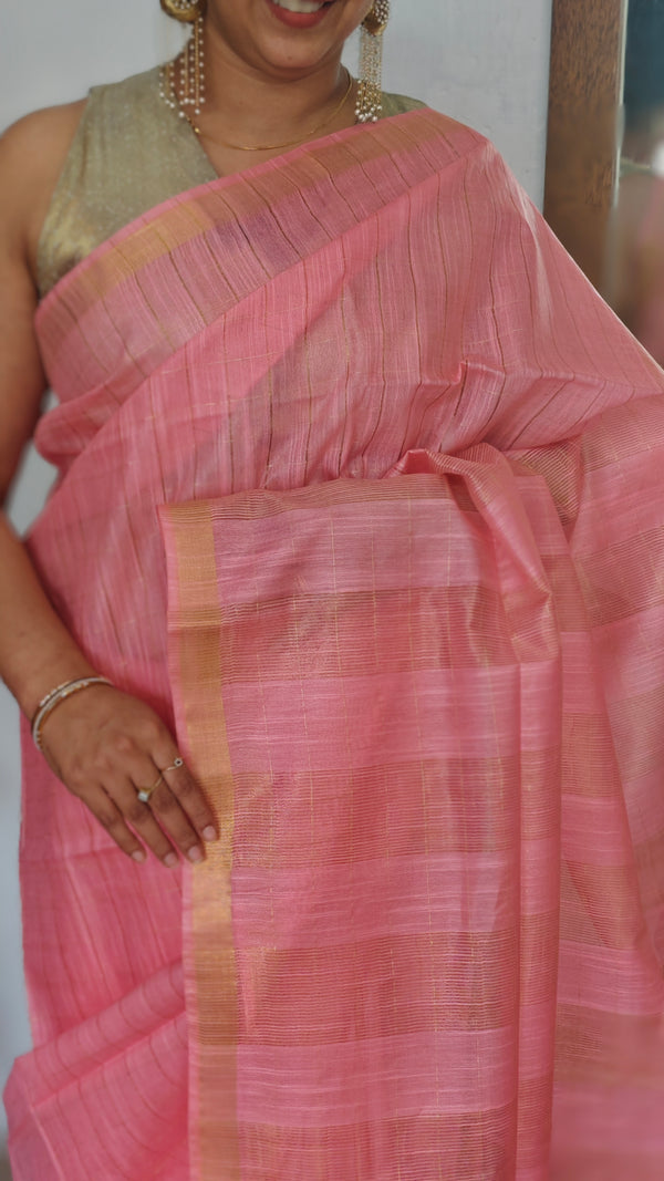 Rosy Pink Zari Checked Bhagalpuri Silk Saree - BPR3