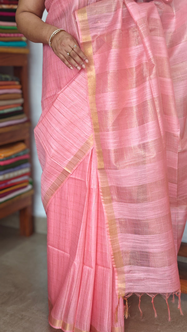 Rosy Pink Zari Checked Bhagalpuri Silk Saree - BPR3