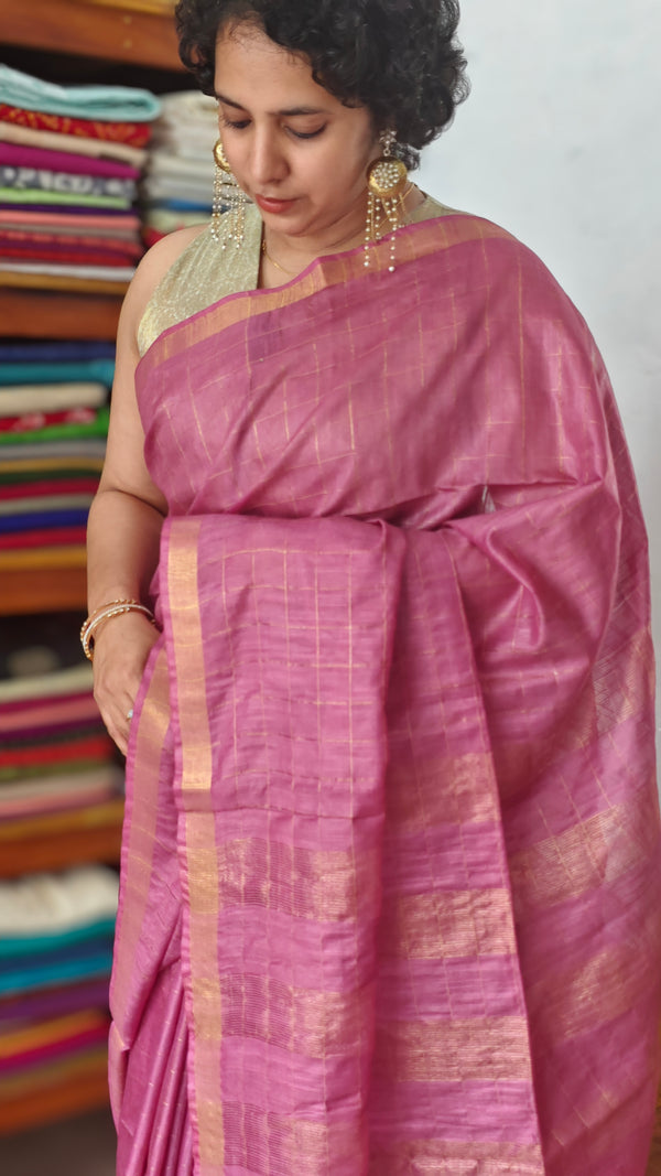 Orchid Purple Zari Checked Bhagalpuri Silk Saree - BPR3