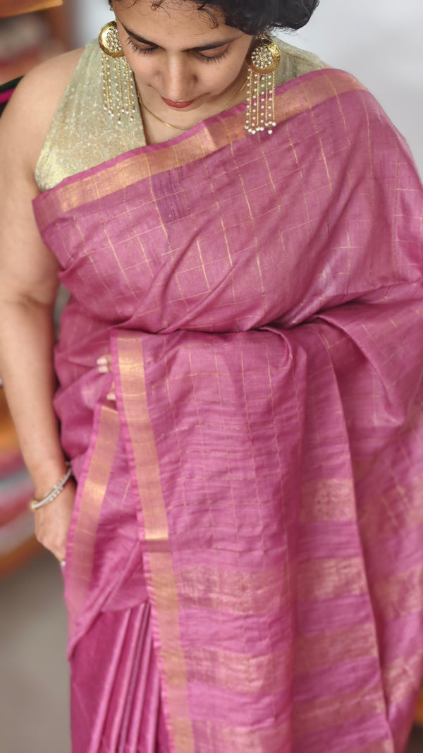 Orchid Purple Zari Checked Bhagalpuri Silk Saree - BPR3