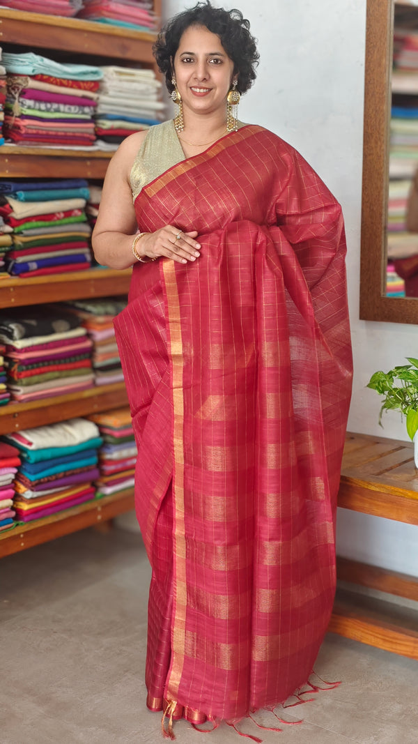 Reddish Maroon Zari Checked Bhagalpuri Silk Saree - BPR3