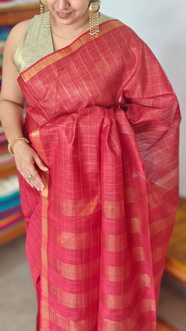 Reddish Maroon Zari Checked Bhagalpuri Silk Saree - BPR3