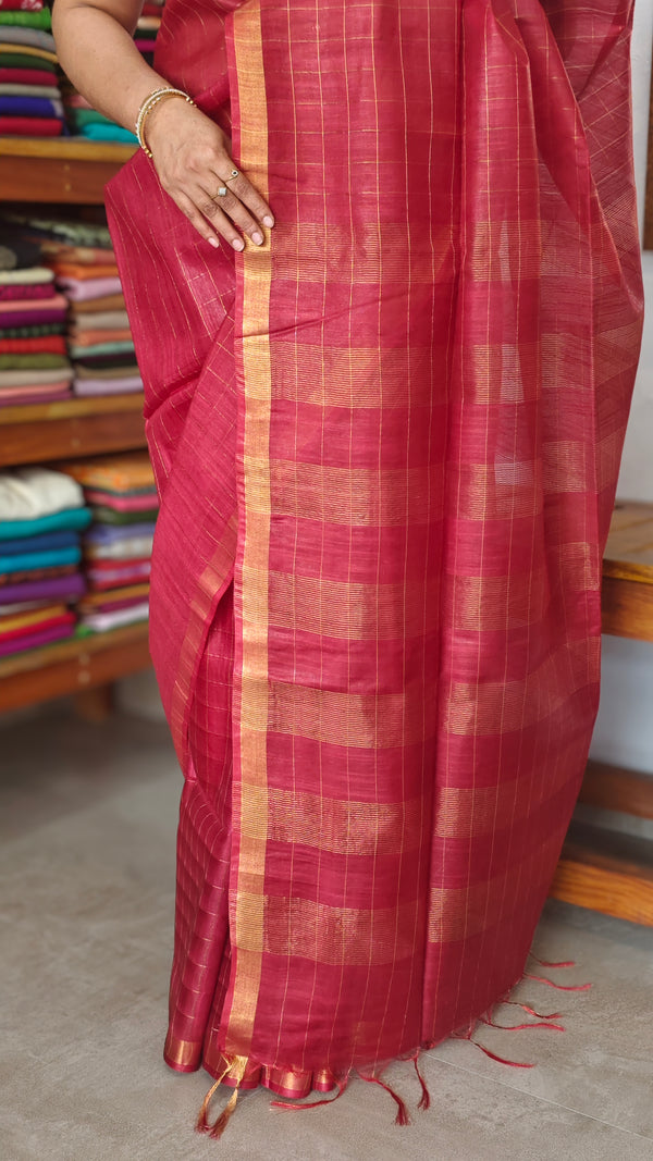 Reddish Maroon Zari Checked Bhagalpuri Silk Saree - BPR3