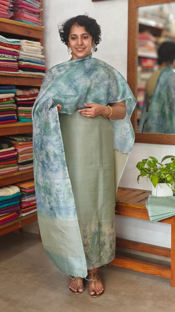 Teal and Aqua Blue Woven Tussar Silk Shibori Suit - 2938