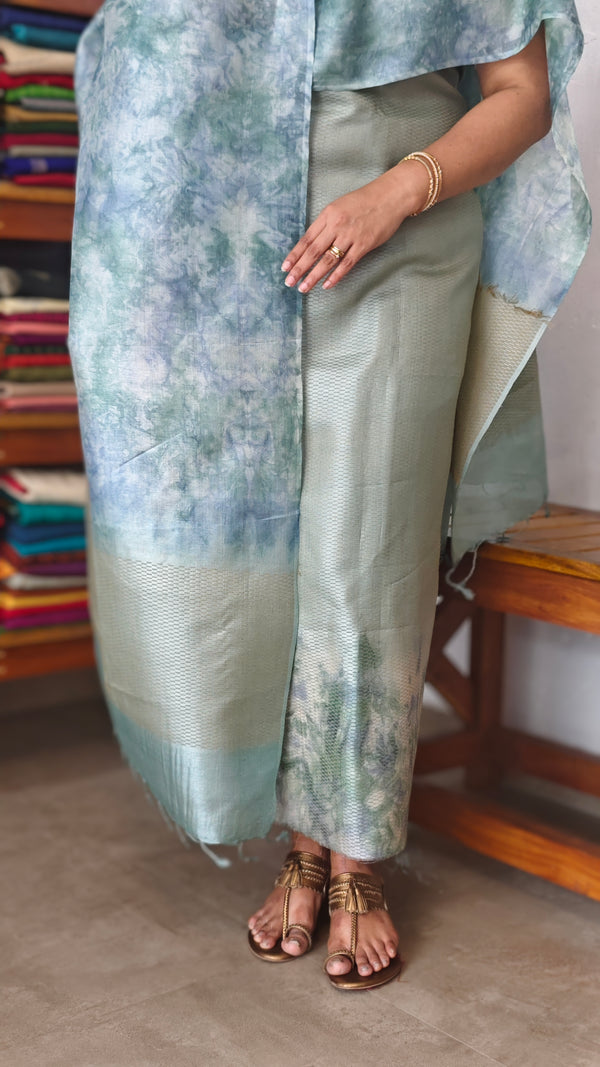 Teal and Aqua Blue Woven Tussar Silk Shibori Suit - 2938