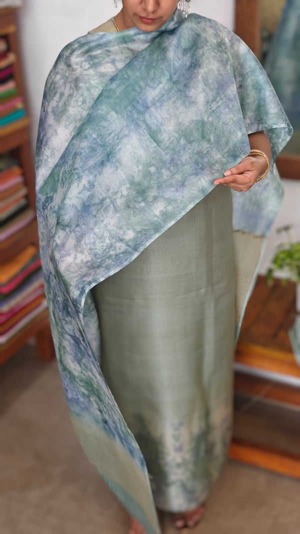 Teal and Aqua Blue Woven Tussar Silk Shibori Suit - 2938